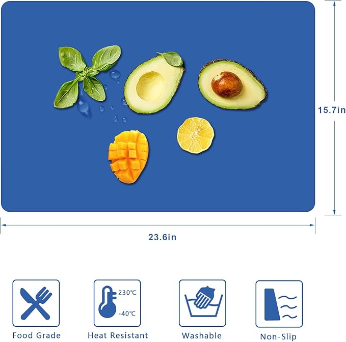 Silicone Placemats, Food-Grade Non-Slip Waterproof, Dining, Stain Resistant, Countertop Protector, Kitchen Counter Mat, Heat Resistant, Baking mat Dishwasher Safe (Blue, 1)
