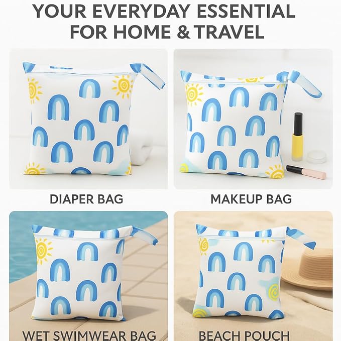 FANALALA Waterproof Wet Dry Bag, Reusable Diaper Pouch with Zipper, Machine Washable Travel Organizer for Beach, Daycare, Kids, Dinosaur Pattern (Rainbow)