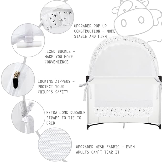 L RUNNZER Baby Pack N Play Tent, Pack and Play Canopy to Keep Baby in, Portable Crib Net for Playards, Mini Crib Tent with See Through Mesh, Easy Installation and Transportation White+stars