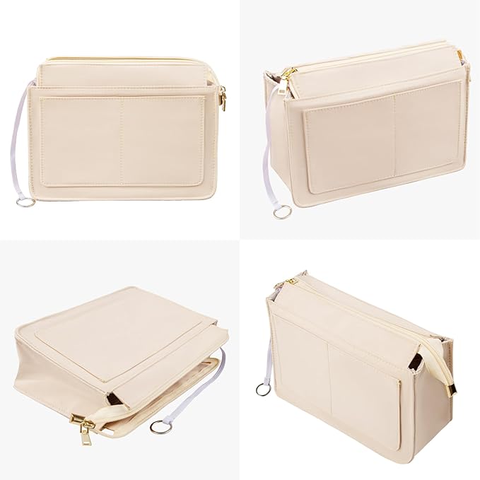 Vercord Purse Organizer Insert with Zipper for Women Hobo Handbags Shaper Insert 12 Pockets Bag Beige Medium