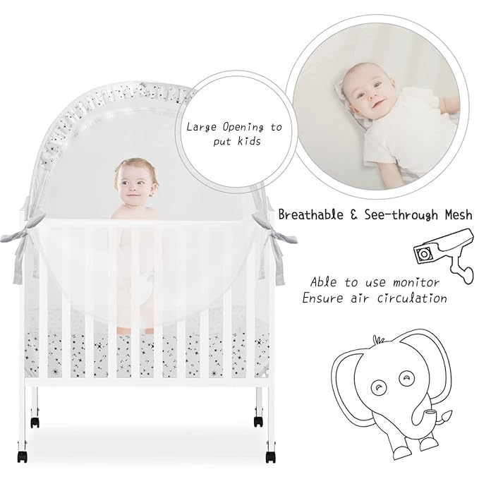 L RUNNZER Baby Pack N Play Tent, Pack and Play Canopy to Keep Baby in, Portable Crib Net for Playards, Mini Crib Tent with See Through Mesh, Easy Installation and Transportation White+stars