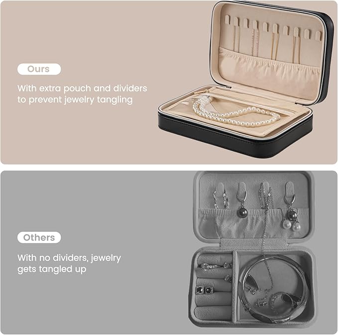 Lolalet Travel Jewelry Case for Women Girls, Travel Jewelry Organizer Box with Mirror & Clear Storage Bag, Small Portable Earring Necklace Bracelet Ring Case, Birthday Valentine Gifts -Medium, Black