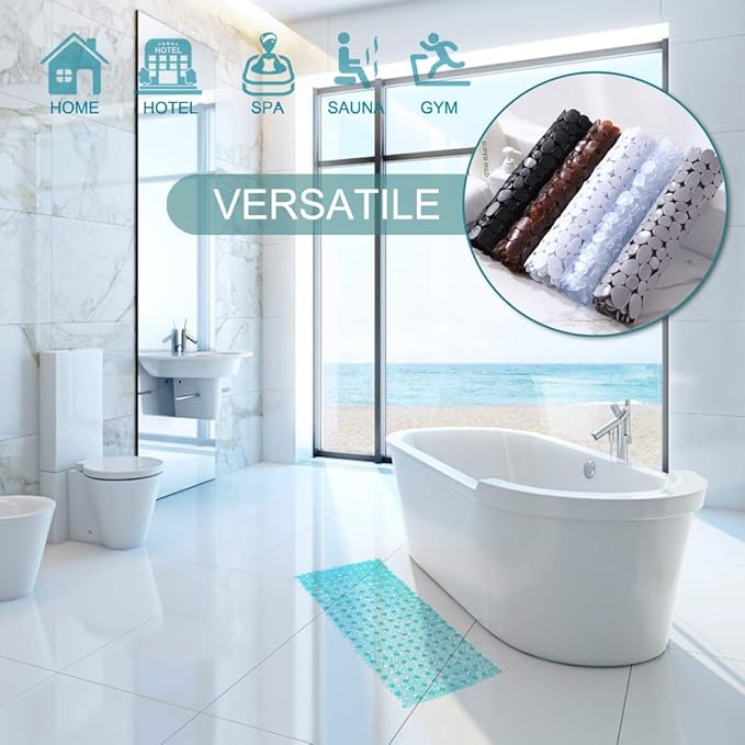 Bath Tub and Shower Mats, Non-Slip Pebble 35 x 16 Inches Machine Washable Bathtub Mat with Drain Holes, Suction Cups for Bathroom (Clear Teal)