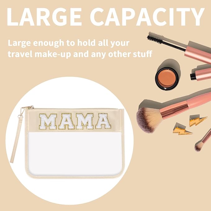 Iqimott Chenille Clear Letter Mama Bag Flat Pouch, Monogram Glitter Letter Patch Makeup Cosmetic Bag Zipper Toiletry Pouch, Portable Travel Beach Snack Wristlet Bags for Women Girls(Mama, Beige)
