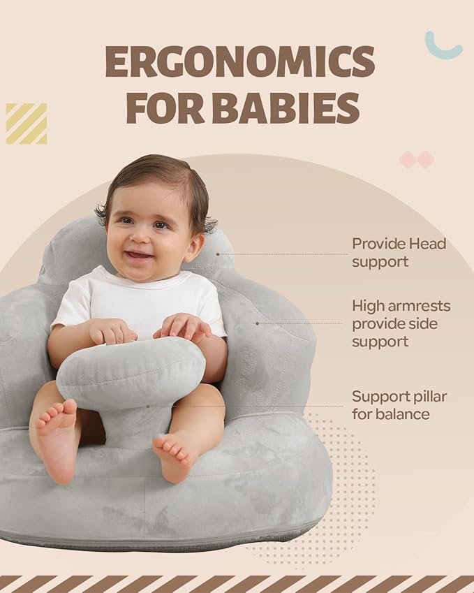 AGITVPS Velvet-Covered Inflatable Baby Seat with Built-in Pump | A Supportive Bumbo Seat for Babies 3-36 Months | Perfect for Learning to Sit, Feeding, Floor Time & Camping (Velvet Tray-Gray)