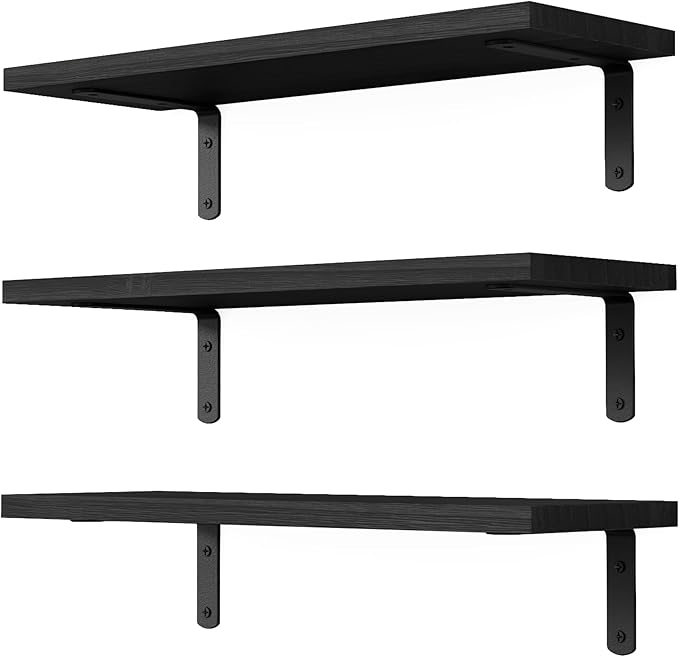 Floating Shelves, 3 Sets Wall Wooden Shelves for Décor, Mounted Bathroom Shelf Storage, Book Wall, Bedroom, Living Room – Black, HM02