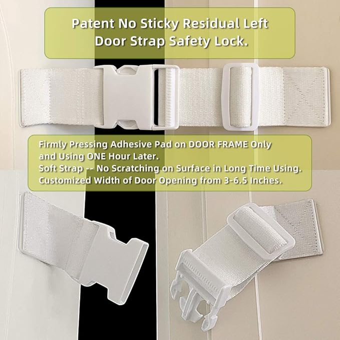 Child Proof Door Lock Latch with Adjustable Strap for Cat Litter Box Room, Cats Enter Easily But No Kids (2 Packs) Reusable Baby Safety Lock, Install in Seconds On Door Frame Only (White)