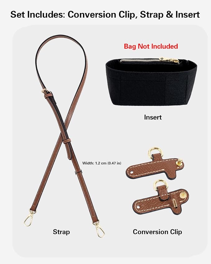 Mini Bag Organizer with Genuine Leather Crossbody Strap Conversion Kit, Compatible with Longchamp Mini Bag – Inner Liner Insert + Strap Kit Set, Brown Strap & Black Insert | Lightweight Build