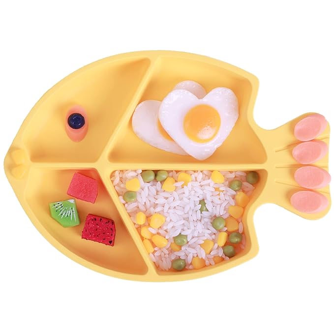 Baby plates with Suction,Silicone Suction Plates for Baby Toddler Kids BPA Free Microwave Dishwasher Safe -Plate yellow fish sets