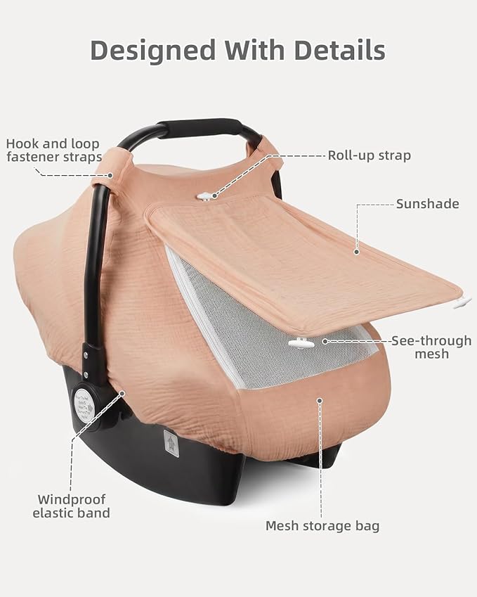 Rquite Car Seat Cover Baby Girl Boy, 100% Muslin Cotton Carseat Covers, Breathable Infant Windproof Canopy with Mesh Window, Stroller Sun Shade for Summer & Hot Day, Dusty Rose