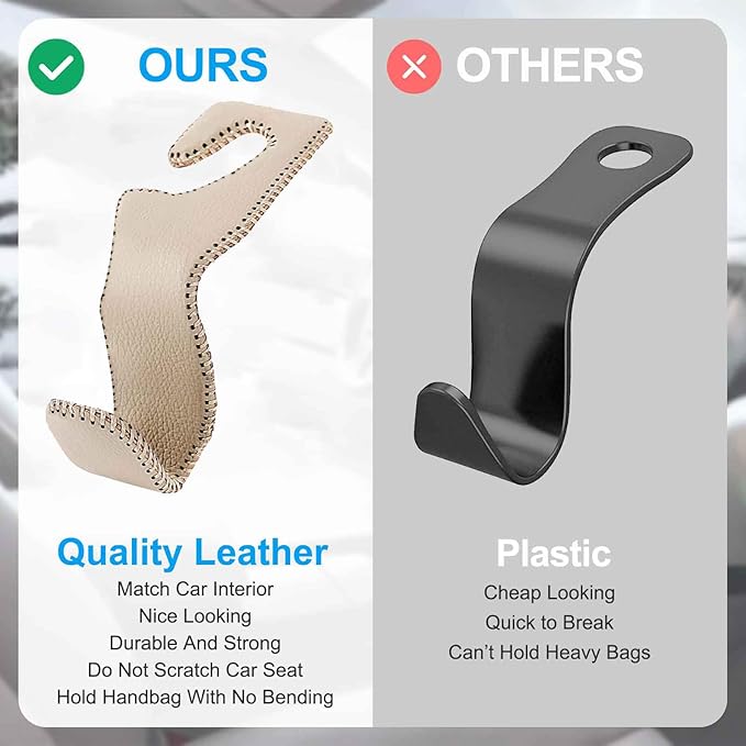 Car Seat Hooks for Purses and Bags, 2 Pack Car Purse Holder for Grocery Bag Handbag Clothes, Metal Headrest Hooks Covered by Leather, Beige