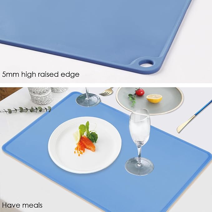 Standard Silicone Table Placemat-Food Grade Kids Dinner Placemat Reusable Countertop Mats Dough Pad with Raised Edges Blue Silicone Mat Heat Resistant for Air Fryer (1Pack 23.6'' x 15.7'')