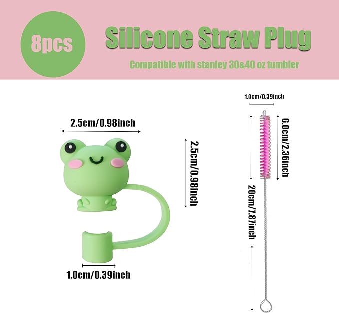 8Pcs Cute 10mm Animal Straw Covers Cap for Stanley Cup,Silicone Straw Toppers Compatible with Stanley 30&40 Oz Tumblers with Handle, Dust-Proof Reusable Lids Tumbler Cup Accessories