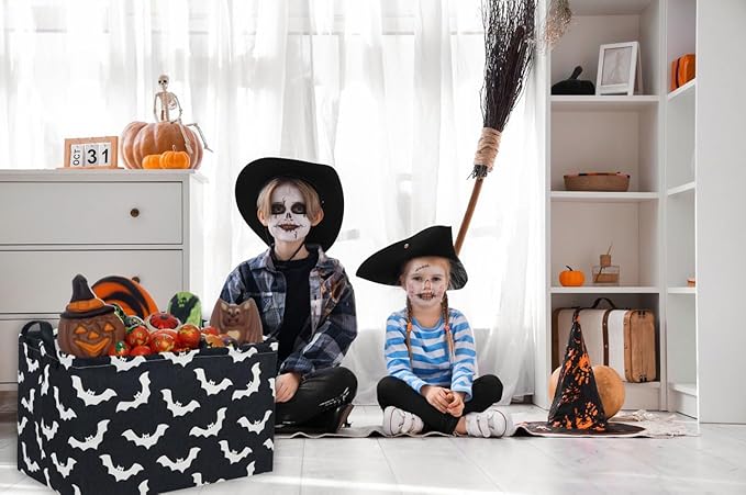 Essme Rectangular Kids Basket,Bat Storage Basket with Handles for Room Decor, Halloween Baskets,Cute Storage Bin（Bat）