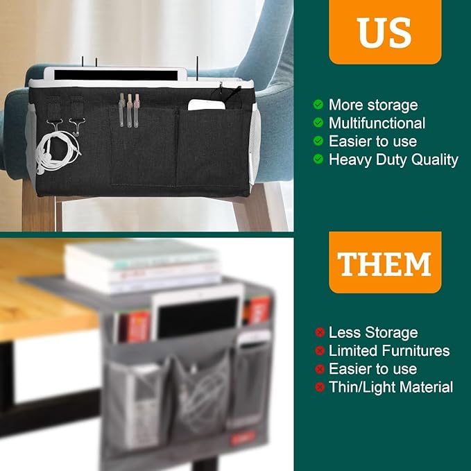 Bedside Caddy Organizer Hanging Storage Bag with Pockets for Books, Magazines, Phone, Tablet & Water Bottle – Bedside Storage for Dorm, Bunk Beds, Hospital Beds & Cribs, Black