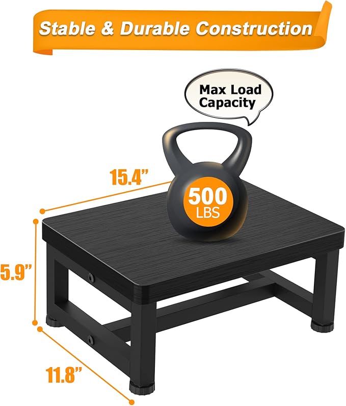 Step Stools for Adults Kids with Non-Slip Rubber Feet, Heavy Duty Wide Wooden Stepping 500-LBS Capacity Bedroom Kitchen Bathroom, Sturdy Bed Steps High Beds, Easy Assembly, Black