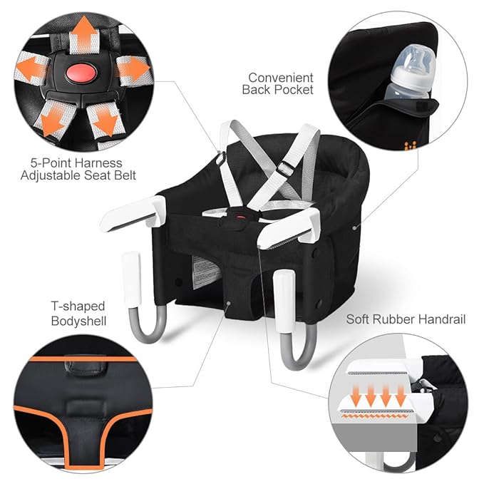 MTWML Portable High Chair for Table,Hook On High Chair that Attaches to Table,Space Saver Clip On Counter Seat for Baby,Easy Clean Baby Feeding Clamp Seat with Carry Bag for Travel(Pure-Black)