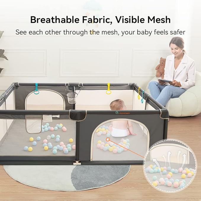 COMOMY Playpens for Babies and Toddlers, 63"x63" Baby Playard Extra Large, Safe and Non-Slip Baby Fence, Full Mesh Design, Indoor & Outdoor Kids Activity Center, Play Pens (Dark Grey)