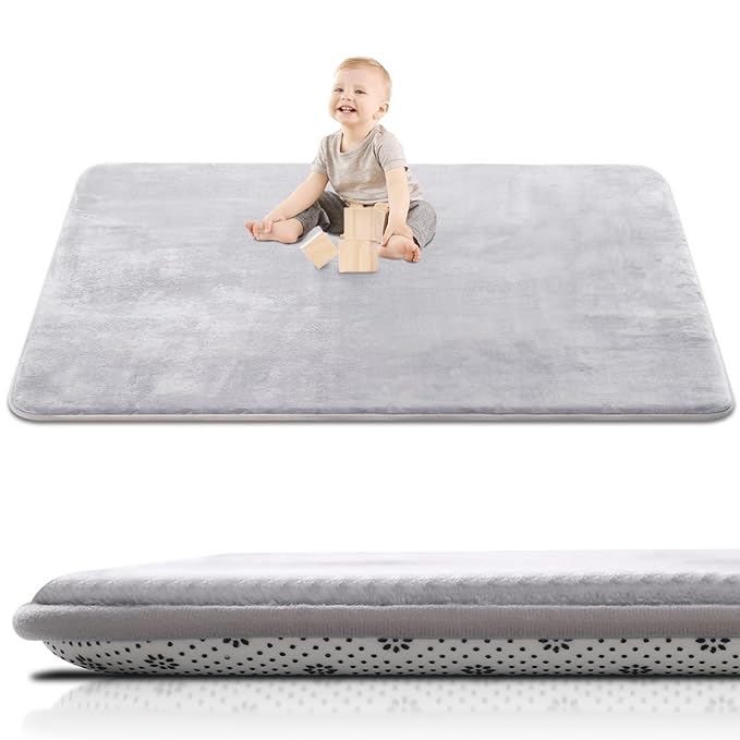 Large Thick Baby Play Mat for Floor,Padded 74x50 Playpen Mat,Foam Tummy Time Mat,Soft Support&Plush Feel Nursery Rug,Non Slip for Toddler,Infants,Kids Play,Yoga,Baby Crawling Mat (Light Grey)
