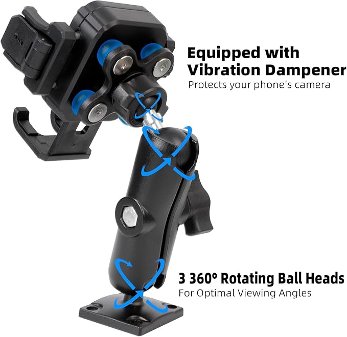 FPN Universal Phone Mount Holder for Car, Truck, Boat - Vibration Dampener, Aluminum AMPS Square Base, Medium Arm, 1s Quick Lock/Release, Camera Friendly, Fits 4.7-7.2" Smartphones