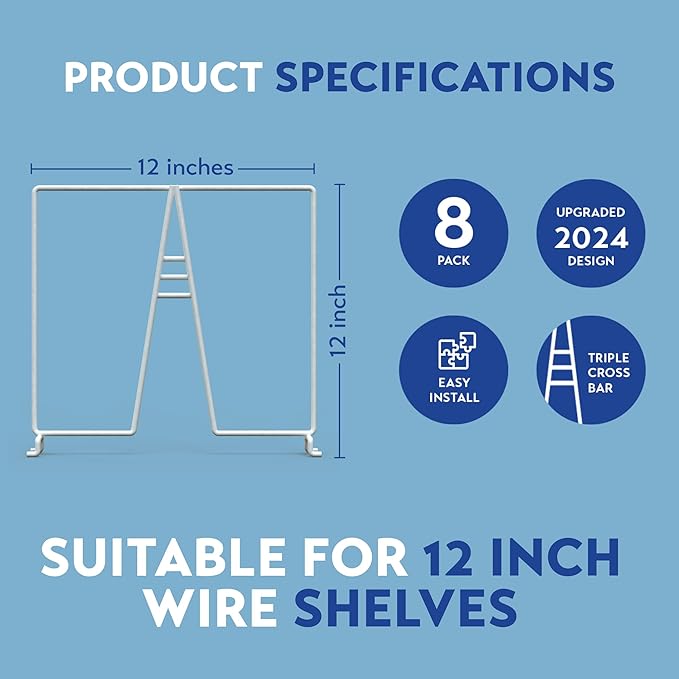 Tall White Wire Shelf Dividers for Closet Organization – Sturdy and Easy Set-Up Closet Shelf Dividers with Bonus Rose Gold Hanger (12 inch Wire Shelves, 16-Pack)