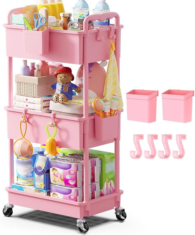 Goovilla Diaper Cart with Lockable Wheels and Easy Assembly, 3 Tier Pink Rolling Cart for Baby Nursery Storage, Sturdy Ample Diaper Caddy Organizer for Baby Girl, Boy, New Mom, Newborn Essentials