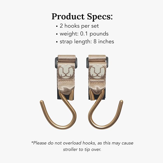 Huhu Essential Stroller Hooks - Lightweight Aluminum Stroller Bag Hook with Adjustable Straps, Matte Gold S-Hooks for Diaper Bag, Shopping, Everyday Essentials – Universal Fit Baby Stroller Accessory
