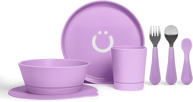 Ubbi Toddler Feeding Set, 7-Piece, Plate, Bowl, Cup + Baby & Toddler Stainless Steel Utensils, Interchangeable Suction Base, BPA-Free Dishwasher Safe, Self-Feeding for Baby-Led Weaning, Purple