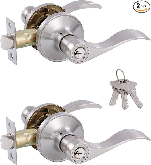 (2 Pack Door Levers Interior Keyed Difference Entry Front/Bedroom Door Handles for Left and Right Opened Door with Lock and Keys Set in Satin Nickel