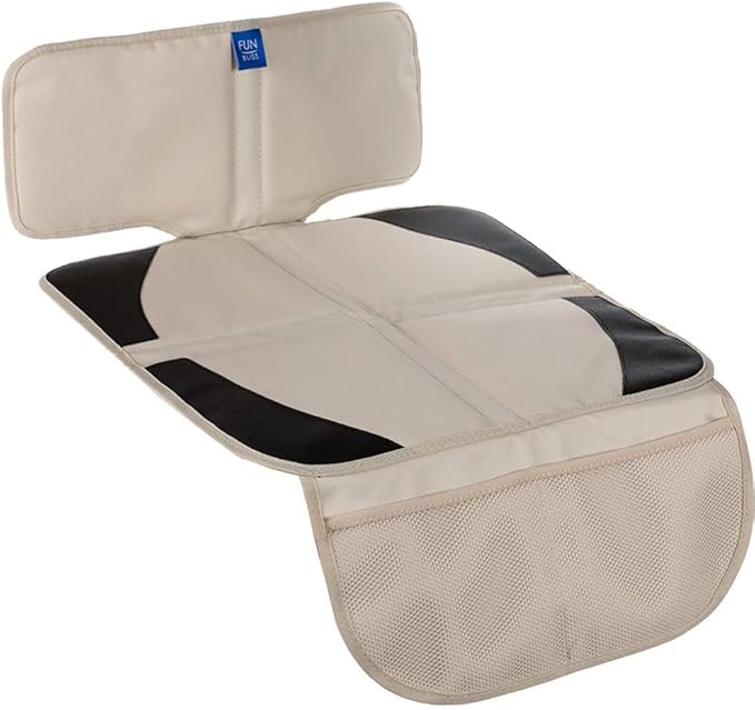 funbliss car seat Protector for Child car seat Beige Thick Padding Carseat Kick Mat with Organizer Pockets,Waterproof 600D Fabric,Vehicle Dog Cover Pad for SUV Sedan Leather Seats