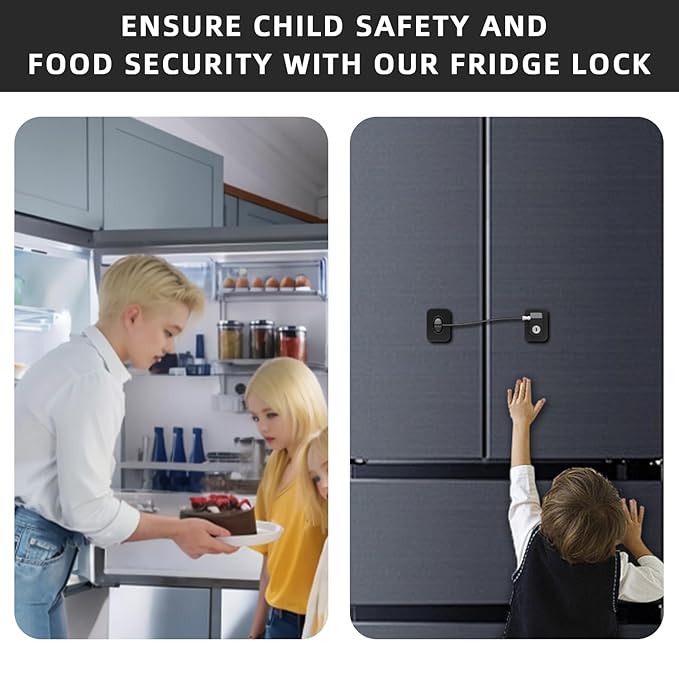 RORMGO Refrigerator Lock 2 Packs, Fridge Lock with Silicone Wire Protection Fridge Locks for Kids Easy to Use and Install Cabinet Locks with Key, Black