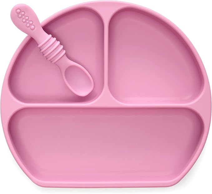 PrimaStella Silicone Baby & Toddler Suction Plate and Spoon Feeding Set - Plum