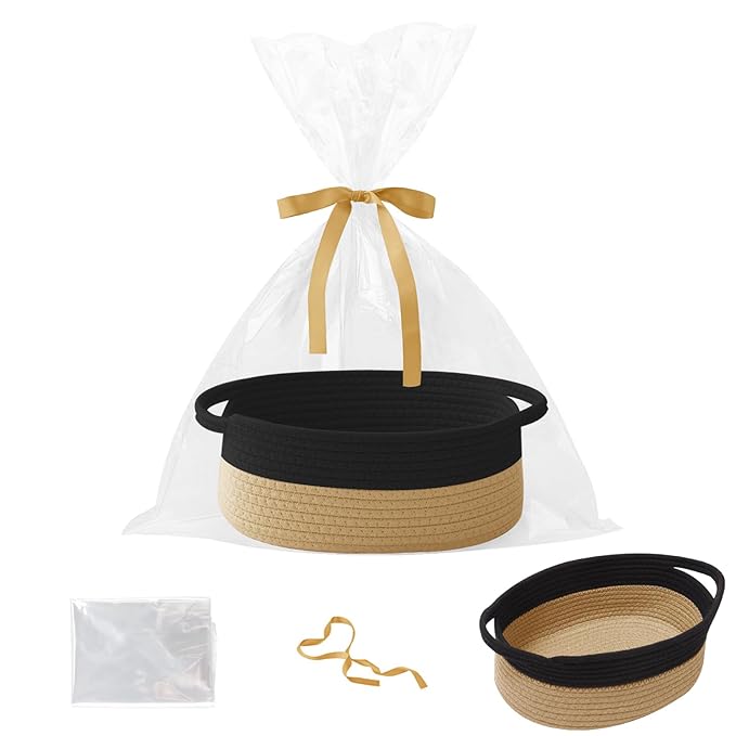 Small Woven Rope Basket-Empty Gifts Basket with Bag and Ribbons,Cute Handle Organizer Box for Birthday/Baby Shower, Toy Storage, Nursery Organizing & Shelf Decor(Black&Jute)