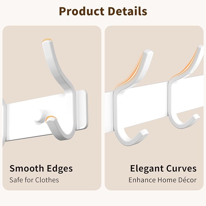 White Wall Mounted Coat Rack - 15 Inch Arc Shaped Design with 6 Hooks for Hanging Coats, Bags, and Towels in Entryway, Livingroom, Bedroom, Bathroom, and Kitchen, 2 Pack