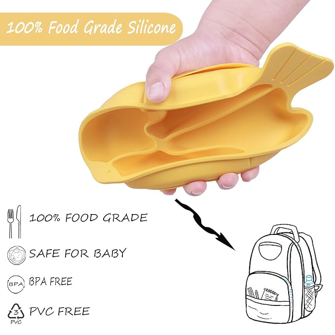 Baby plates with Suction,Silicone Suction Plates for Baby Toddler Kids BPA Free Microwave Dishwasher Safe -Plate yellow fish sets