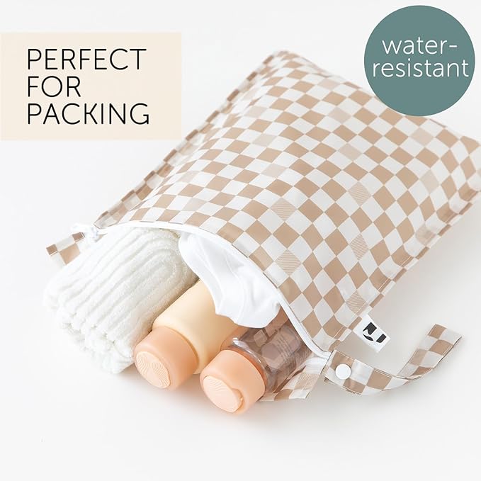 Bumkins Roamio Waterproof Wet Bag - For Baby, Travel, Swim Suit, Cloth Diapers, Pump Parts, Pool, Gym, Toiletry, Strap to Stroller - Reusable & Easy to Clean - 2pk - Beige & Black Check