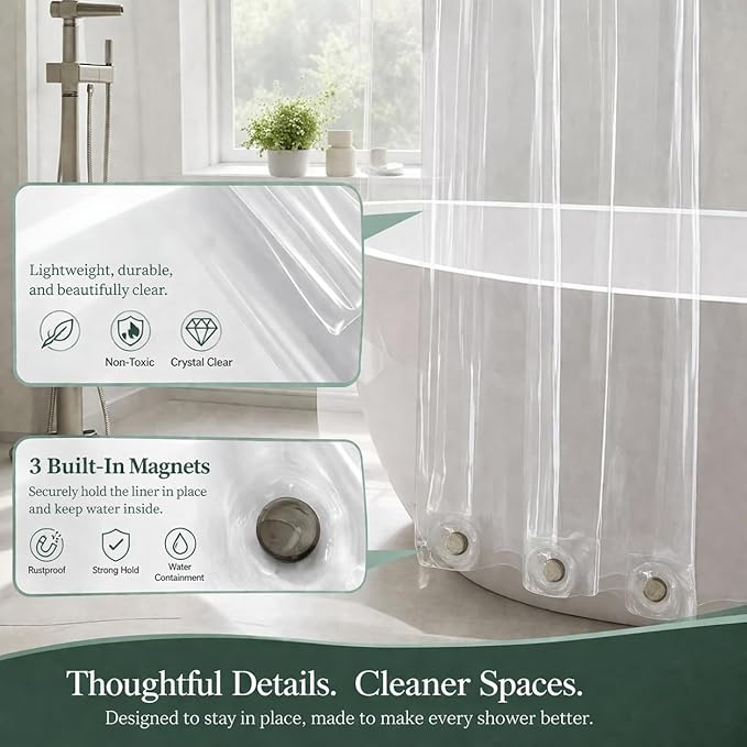 EHZNZIE Crystal Clear Shower Curtain Liner 72x84, PEVA Waterproof Bath Curtain, No Chemical Smell, 3 Weighted Magnets, Durable with Rustproof Metal Grommets