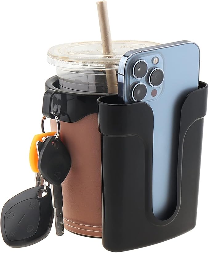 Tobefore Bike Cup Holder ABS+PU Leather with Phone Mount and Keys Hook，Adjustable Drink Holder for Bicycle Handlebar,Universal Coffee Cup Holder for Bicycle, Wheelchair, Scooter and Walker(Beige)