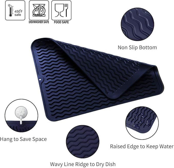 MicoYang Silicone Dish Drying Mat for Multiple Usage,Easy clean,Eco-friendly,Heat-resistant Silicone Mat for Kitchen Counter or Sink,Refrigerator or drawer liner Navy Blue L 16 inches x 12 inches