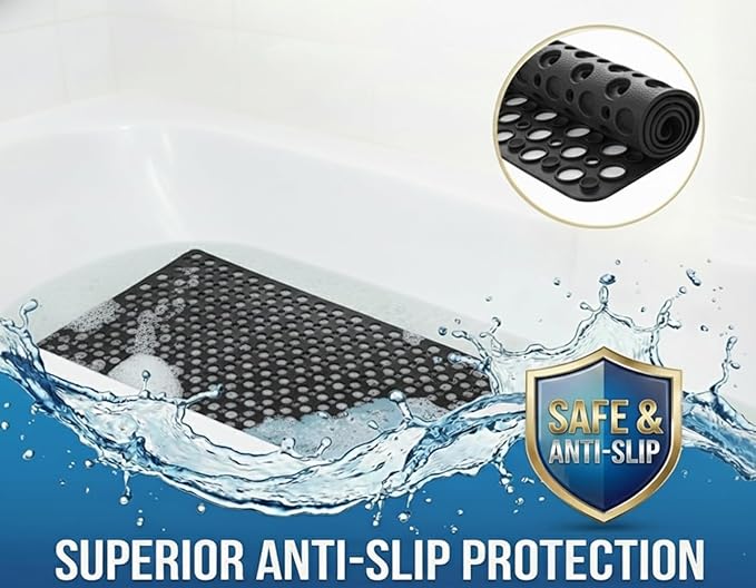 Nonslip Bath Tub Shower Mat with Suction Cups, Extra Soft TPE Bath Mat for Kids, Bathtub Bathroom Mats, Machine Washable, Smooth/Non-Textured Tubs Only, 35L x 16W Inch(Black)