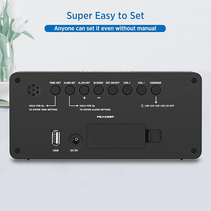 Peakeep Digital Clock, Alarm Clock for Bedrooms with USB Charger Port - Large Big Numbers 5 Brightness for Seniors, Battery Backup, Loud Alarm 5 Volums (Black with Green Digits)