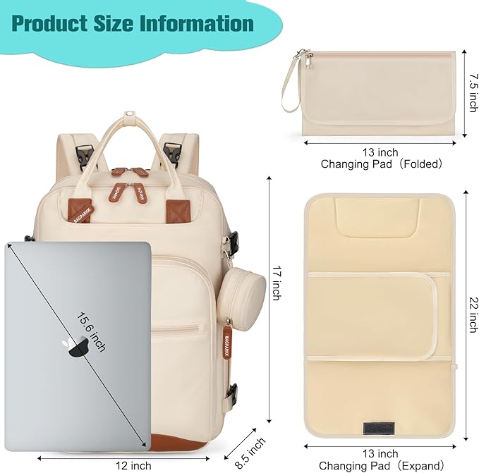 Diaper Bag Backpack,BAGPARKK Multi function Baby Bag with Portable Changing Pad, Pacifier Holder,Waterproof Diaper Bags with USB Charging Port,Anti-Theft Travel Backpack for Mom, Dad, Newborn (Beige)