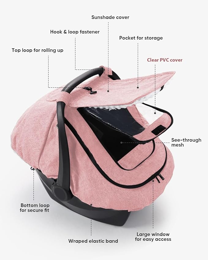 Waterproof Car Seat Cover for Baby, 2-Layer Car Seat Rain Cover with Clear Window & Sunshade & Mesh Cover, Universal Infant Carseat Canopy for Stroller, Protect from Rain and Snow - Pink