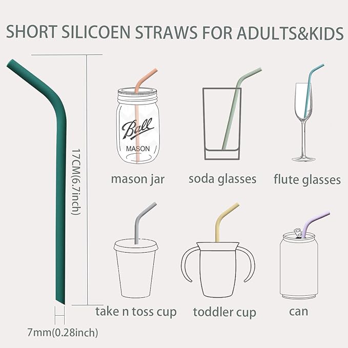 Reusable Thin Short 6.7" Cute Silicone Bendy Straws for Toddlers&Kids&Baby,6 10 12 oz Wine/Yeti Tumbler, Coffee/Cocktail Mug,Soda Cans,Take n toss Cup/BPA FREE-Small Flexible with Brushes