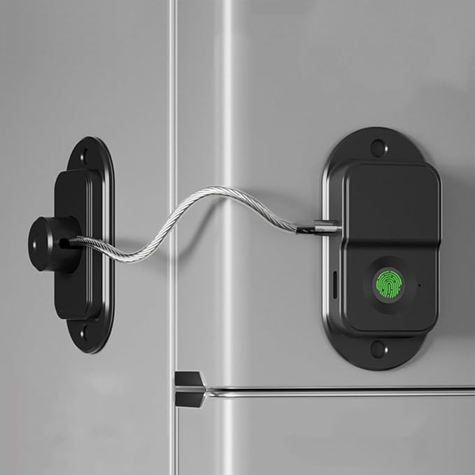 Fingerprint Fridge Lock, Refrigerator Lock with Fingerprint, for Fridge, Cabinet Locks, Drawers, Dishwasher, Toilet and Cabinet Locks Baby Proofing, 3M Adhesive No Drilling (Black)