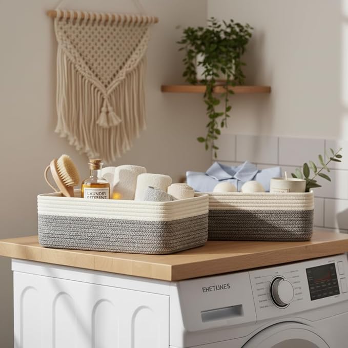 2 Pack Storage Baskets for Organizing, 15"x11"x5.1", Small Basket for Shelves, Closet, Nursery, Living Room,Bathroom, Shallow Basket Organizer, White & Mixed Gray