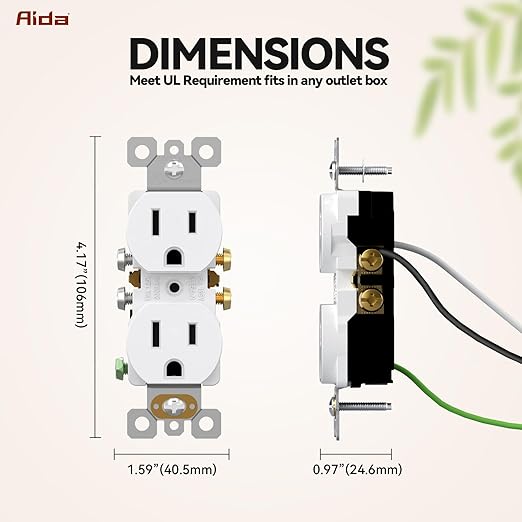 AIDA 10 Pack 15A 125V Duplex Heavy-Duty Receptacle Outlet, Electrical Outlet Electrical Wall Outlets, Duplex Receptacle Outlet, Residential Grade, 2-Pole 3-Wire, Self-Grounding Clip, UL Listed, White