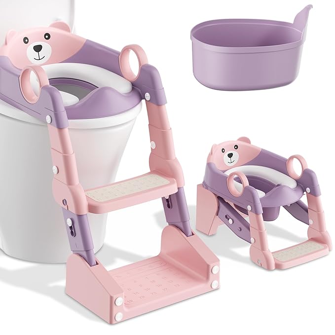 Potty Training Seat, 2-in-1 Toddler Toilet Training Seat & Potty Chair for Kids Boys Girls, Height Adjustable Toilet Seat with Splash Guard, Stable Wide Base Design, Anti-Slip Steps Stool