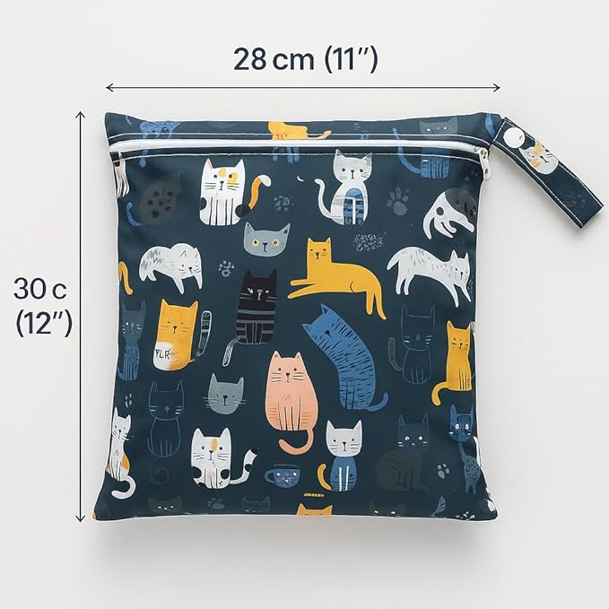 FANALALA Waterproof Wet Dry Bag, Reusable Diaper Pouch with Zipper, Machine Washable Travel Organizer for Beach, Daycare, Kids, Dinosaur Pattern (Blue Cat)