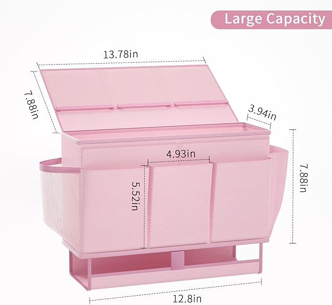 Bedside Caddy Bedside Organizer,Bed Caddy with 11 Pockets and Power Strip Holder,Versatile Bedside Storage Caddy for Home,Dorm,Bunk,Hospital,Crib Bed (Pink)